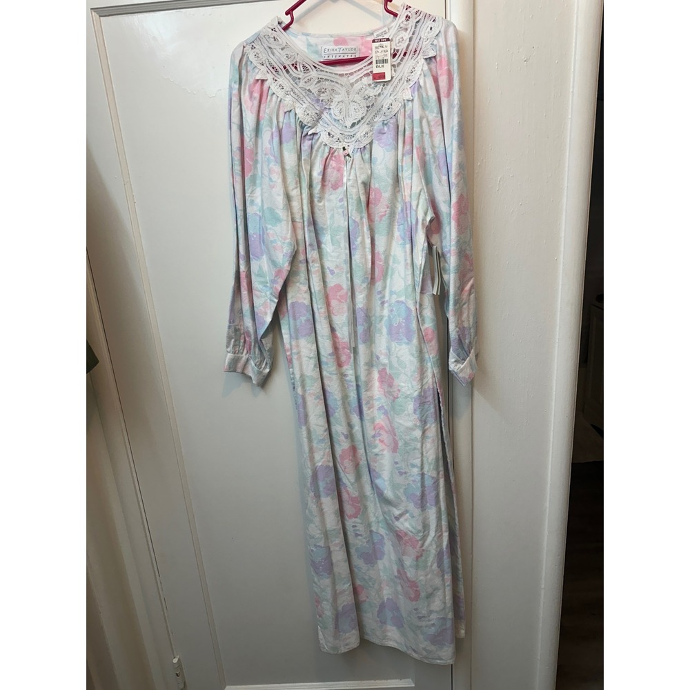 Erika Taylor Intimates Floral Flannel Nightgown Lace Trim Pastel Pink Blue 2X